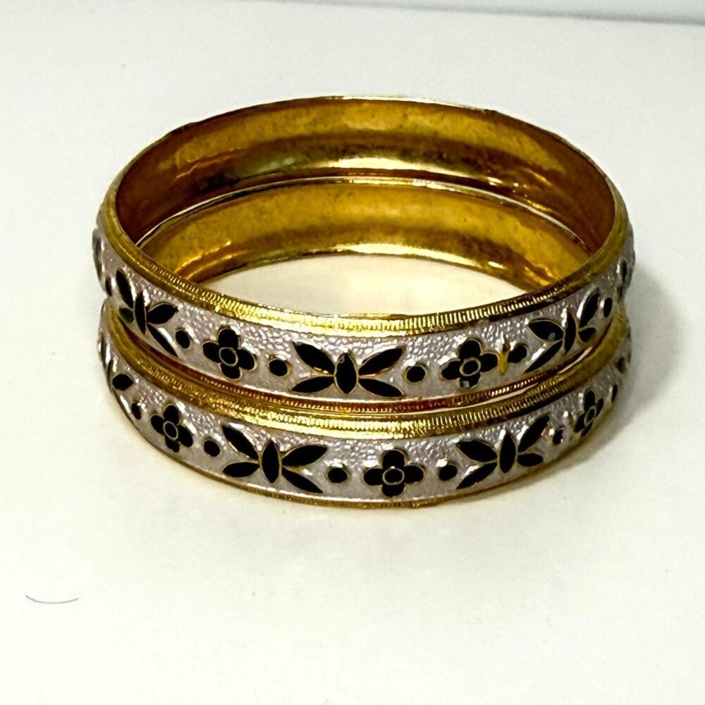 Set of 2 Vintage Gold Toned & White Bangles with Red Ruby Hand-Painted Design - Picture 4 of 5